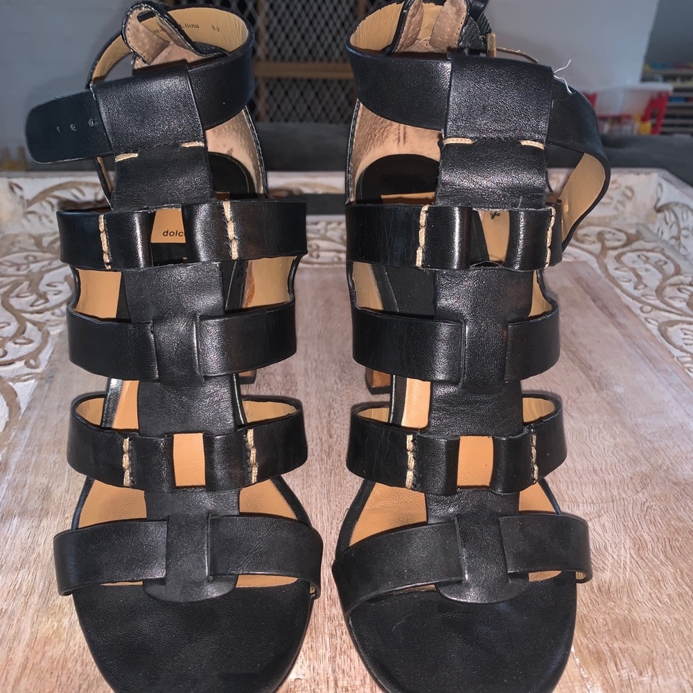 Black leather block heel sandals